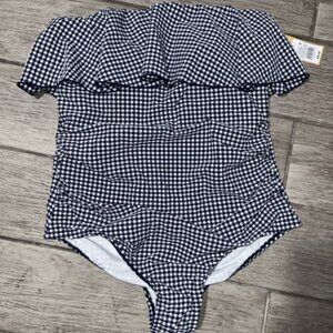 Kona Sol Navy Blue Gingham Ruffle One Piece Bathing Suit 14W
